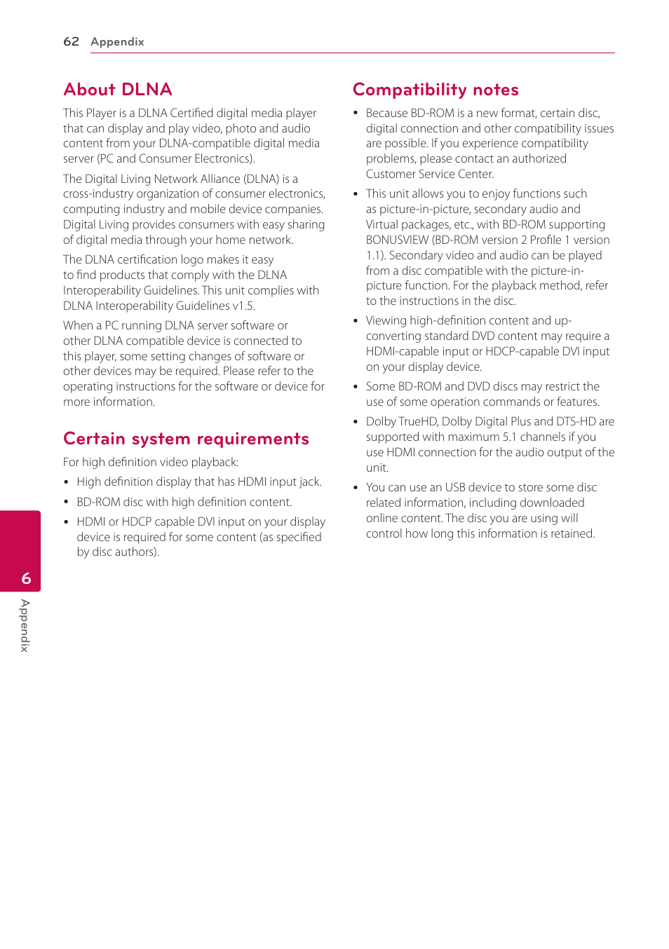 About dlna, Certain system requirements, Compatibility notes | LG BH5140S User Manual | Page 62 / 72