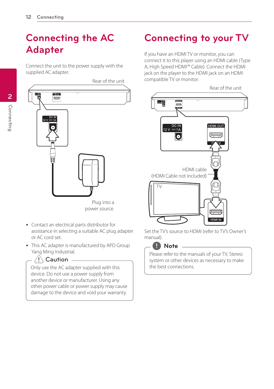 2 connecting, Connecting the ac adapter, Connecting to your tv | LG BP300 User Manual | Page 12 / 56