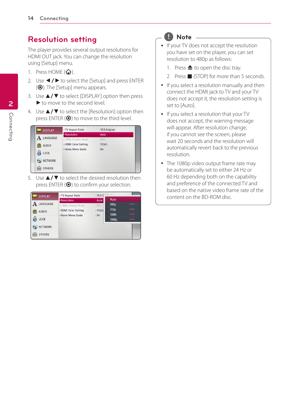 Resolution setting, 14 – resolution setting | LG BP300 User Manual | Page 14 / 56