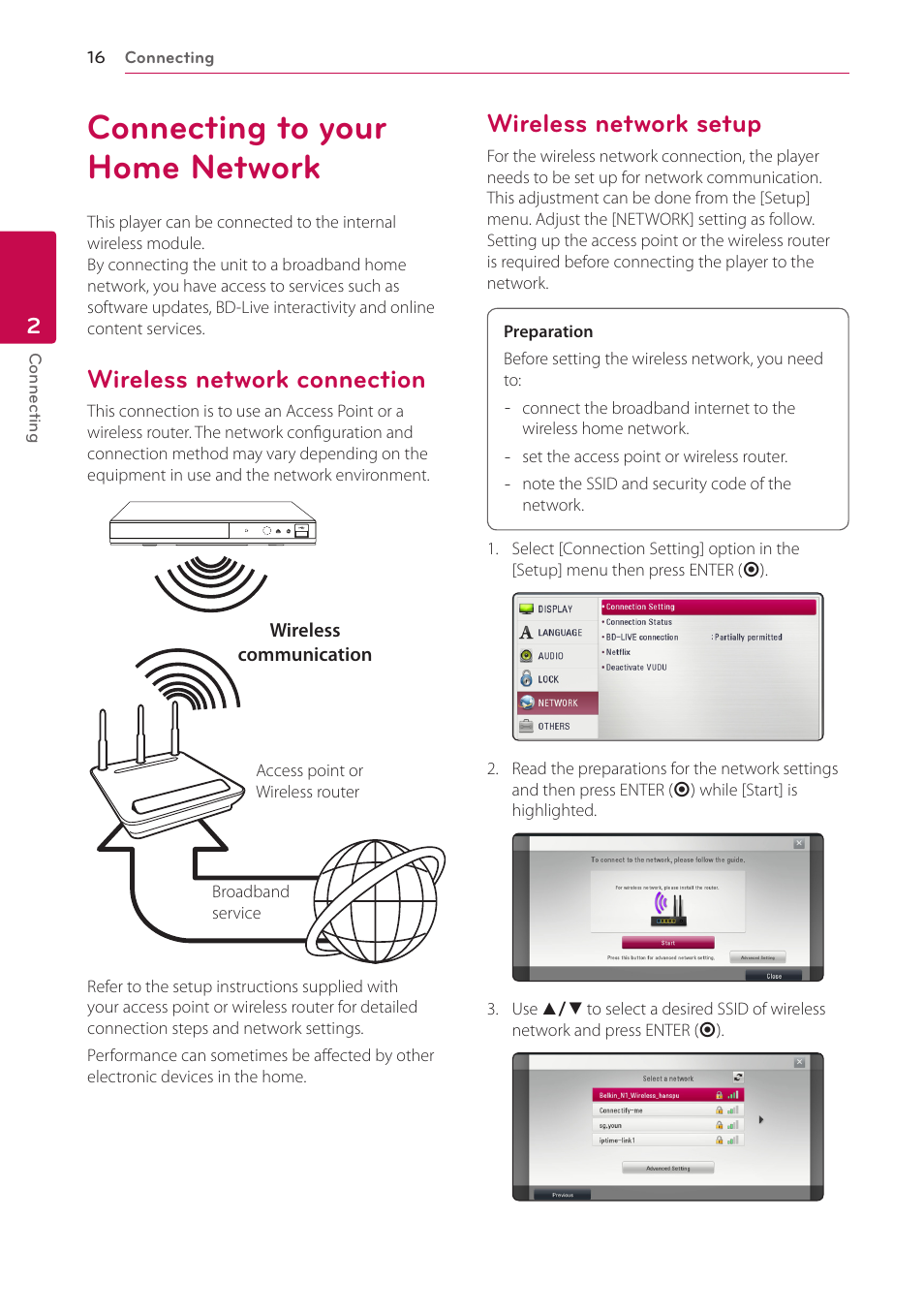 Connecting to your home network, Wireless network connection, Wireless network setup | LG BP300 User Manual | Page 16 / 56