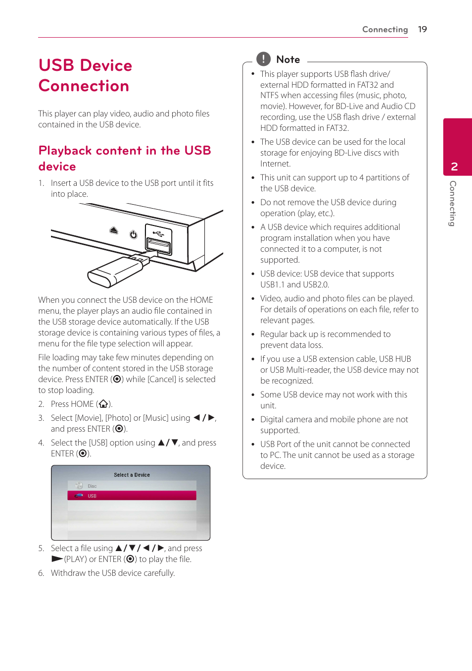 Usb device connection, Playback content in the usb device, 19 – playback content in the usb device | LG BP300 User Manual | Page 19 / 56