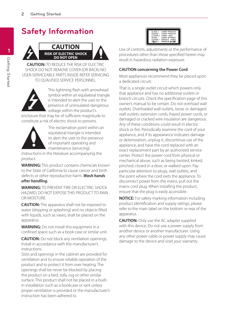 1 getting started, Safety information, Caution | LG BP300 User Manual | Page 2 / 56