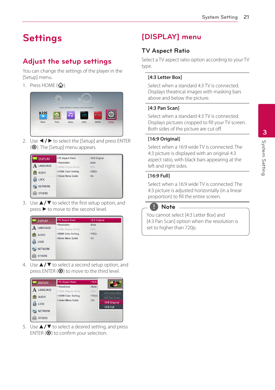 Settings, Adjust the setup settings, Display] menu | LG BP300 User Manual | Page 21 / 56