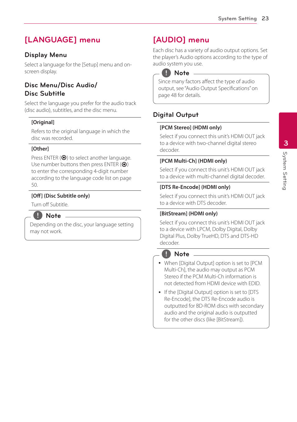 Language] menu, Audio] menu, 23 – [language] menu 23 – [audio] menu | LG BP300 User Manual | Page 23 / 56