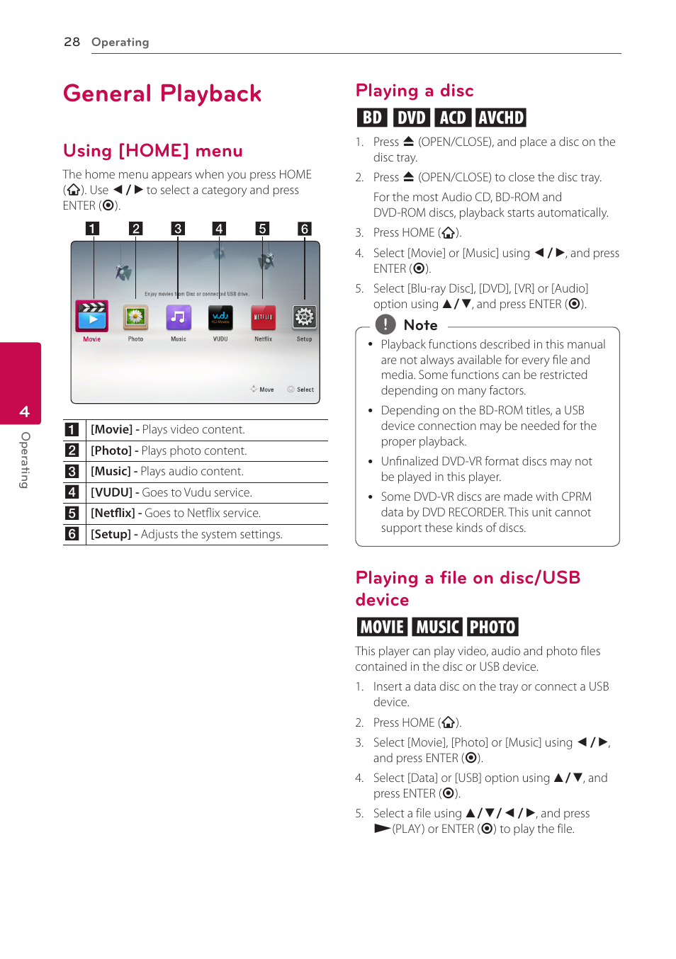 4 operating, General playback, Using [home] menu | Playing a disc, Playing a file on disc/usb device, Playing a disc erto, Playing a file on disc/usb device yui | LG BP300 User Manual | Page 28 / 56