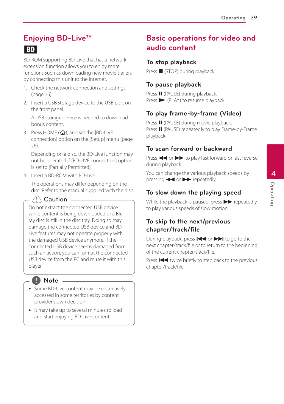 Enjoying bd-live, Basic operations for video and audio content, Content | Enjoying bd-live™ e | LG BP300 User Manual | Page 29 / 56