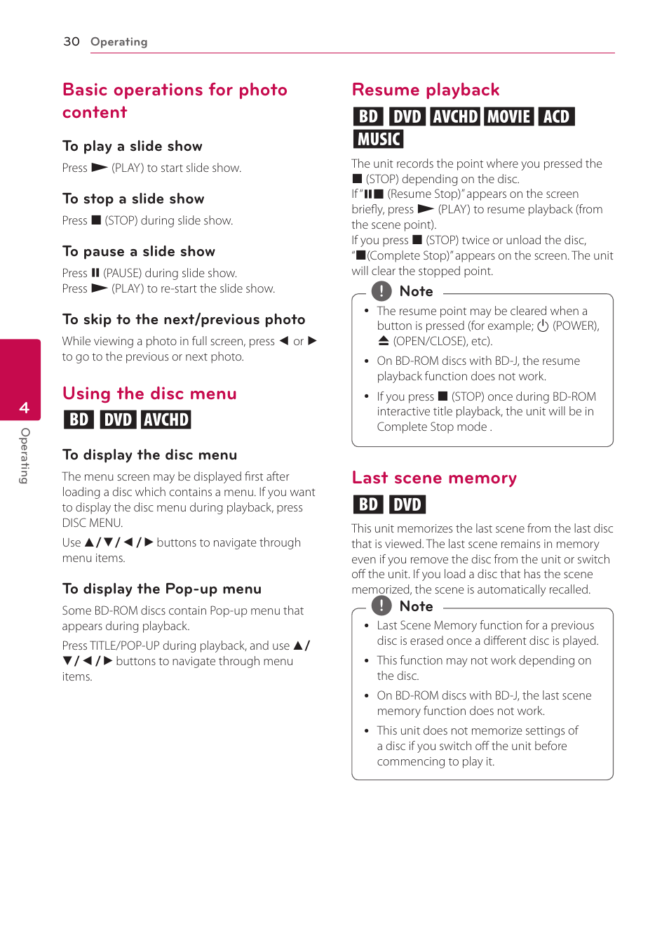 Basic operations for photo content, Using the disc menu, Resume playback | Last scene memory, Using the disc menu ero, Resume playback eroyt u | LG BP300 User Manual | Page 30 / 56