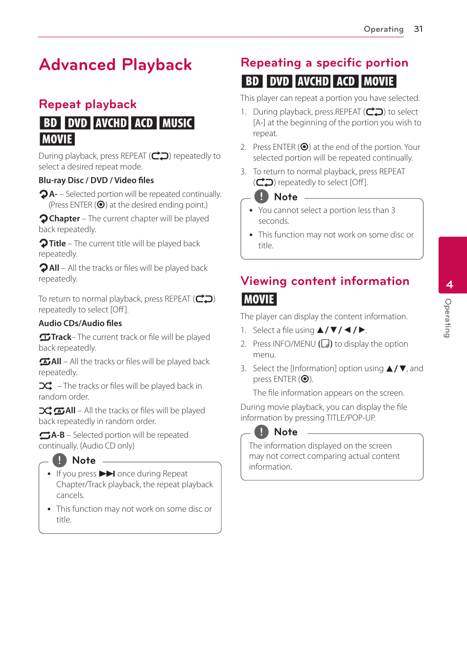 Advanced playback, Repeat playback, Repeating a specific portion | Viewing content information, Repeat playback erotu y, Repeating a specific portion eroty, Viewing content information y | LG BP300 User Manual | Page 31 / 56