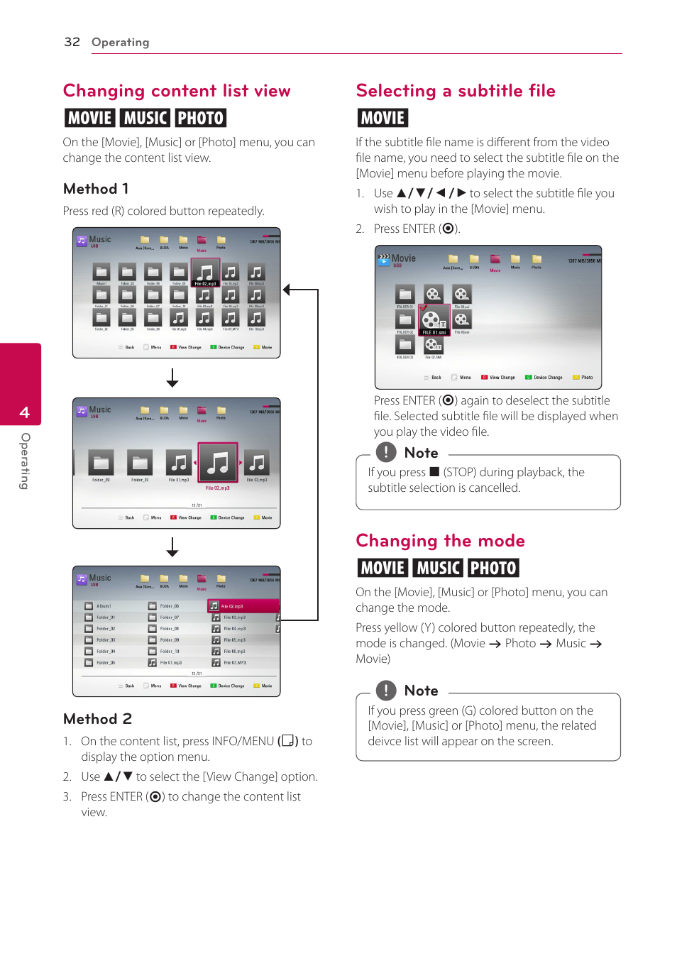 Changing content list view, Selecting a subtitle file, Changing the mode | Changing content list view yui, Selecting a subtitle file y, Changing the mode yui | LG BP300 User Manual | Page 32 / 56