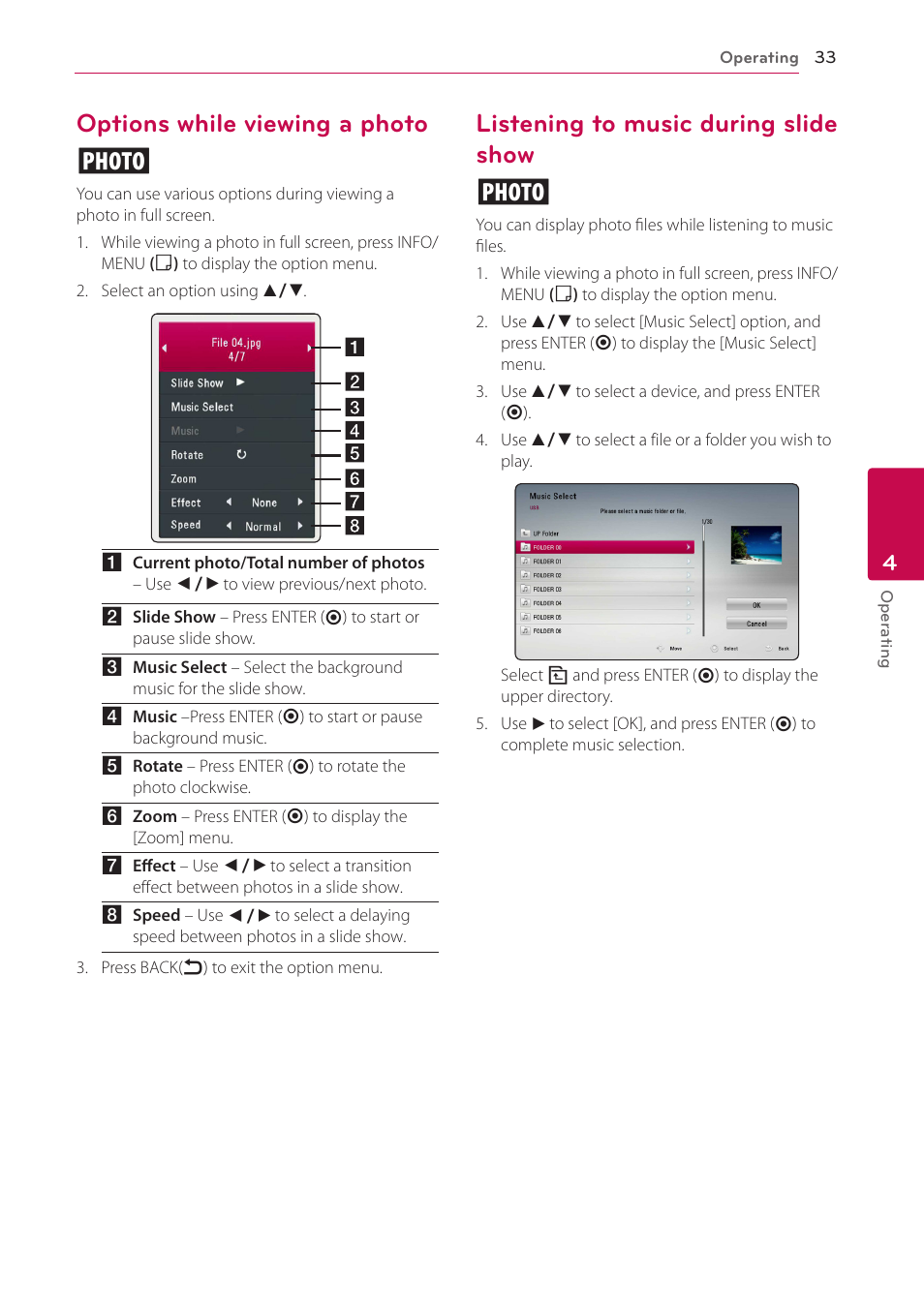 Options while viewing a photo, Listening to music during slide show, Options while viewing a photo i | Listening to music during slide show i | LG BP300 User Manual | Page 33 / 56