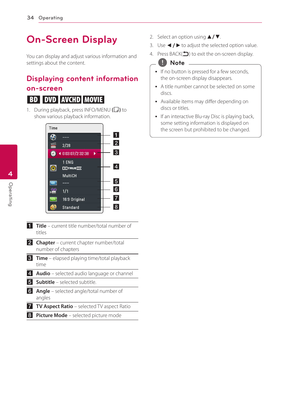 On-screen display, Displaying content information on-screen, Screen | Displaying content information on-screen eroy | LG BP300 User Manual | Page 34 / 56