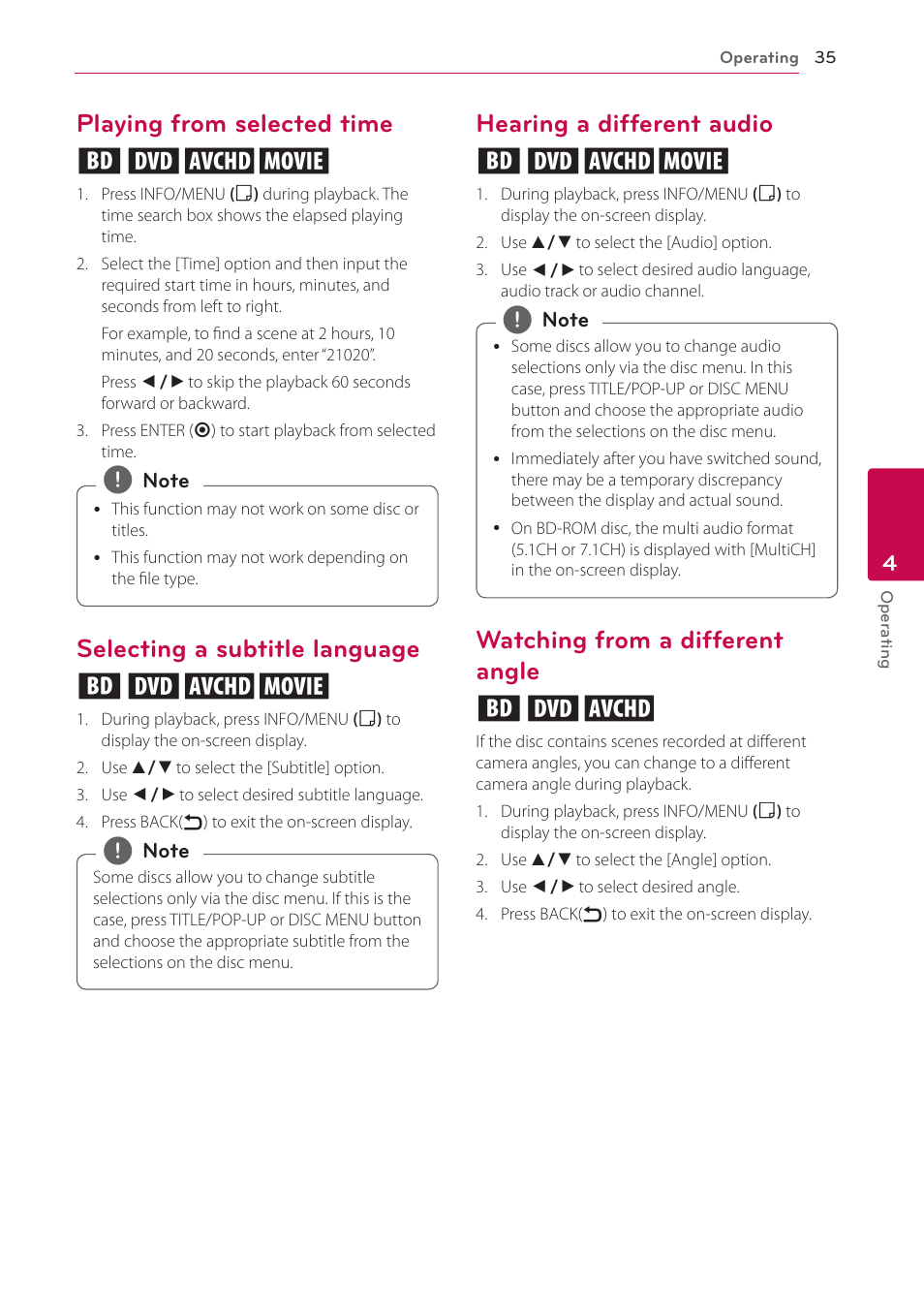 Playing from selected time, Selecting a subtitle language, Hearing a different audio | Watching from a different angle, Playing from selected time eroy, Selecting a subtitle language eroy, Hearing a different audio eroy, Watching from a different angle ero | LG BP300 User Manual | Page 35 / 56