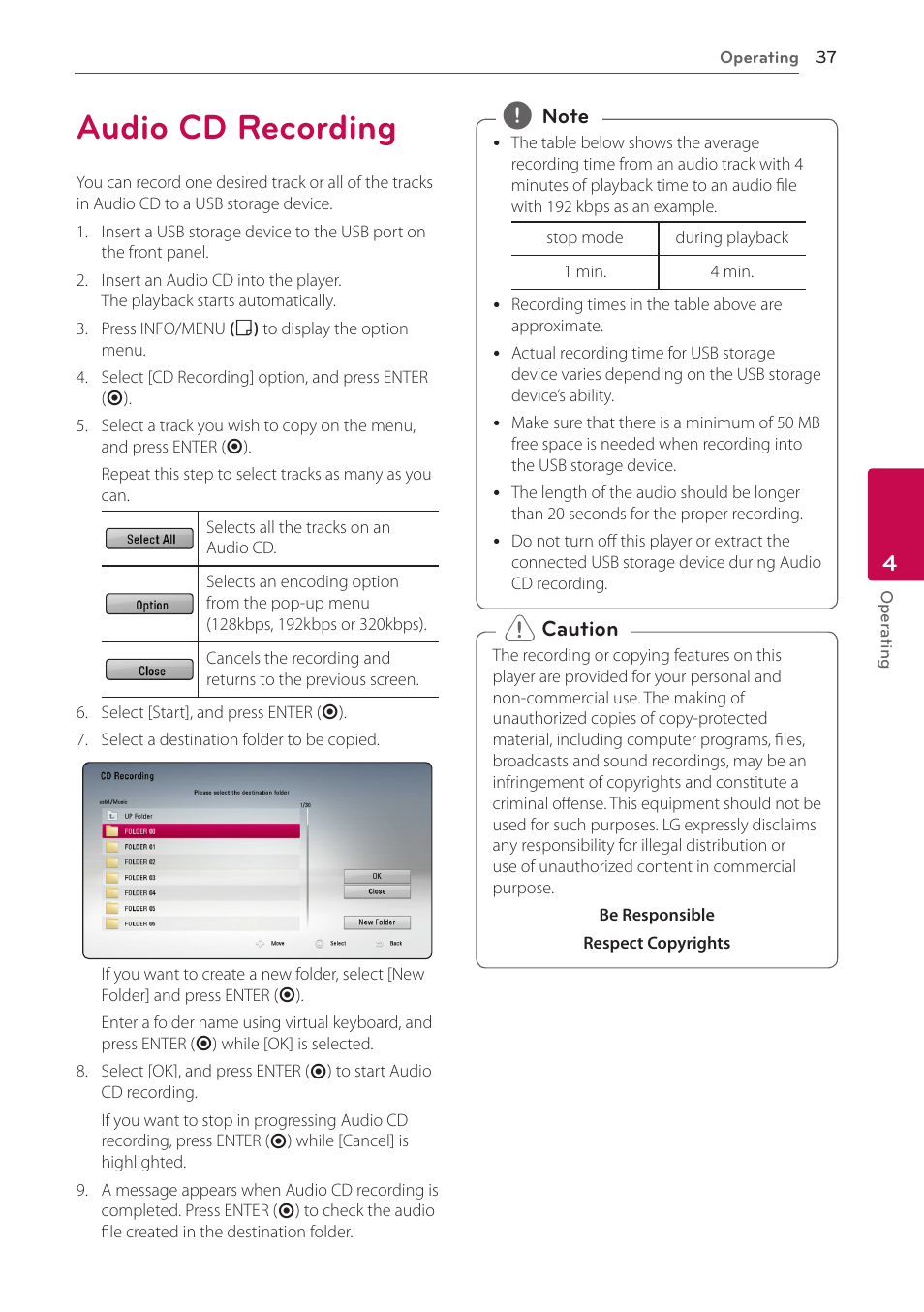 Audio cd recording, 37 audio cd recording | LG BP300 User Manual | Page 37 / 56