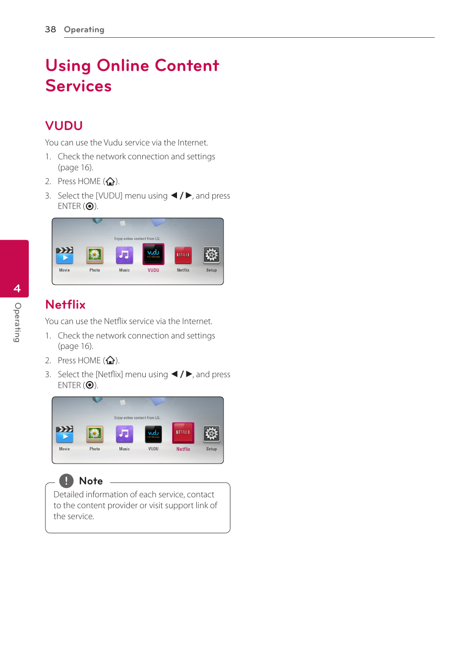 Using online content services, Vudu, Netflix | LG BP300 User Manual | Page 38 / 56