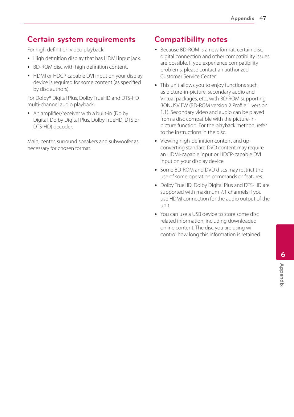 Certain system requirements, Compatibility notes | LG BP300 User Manual | Page 47 / 56