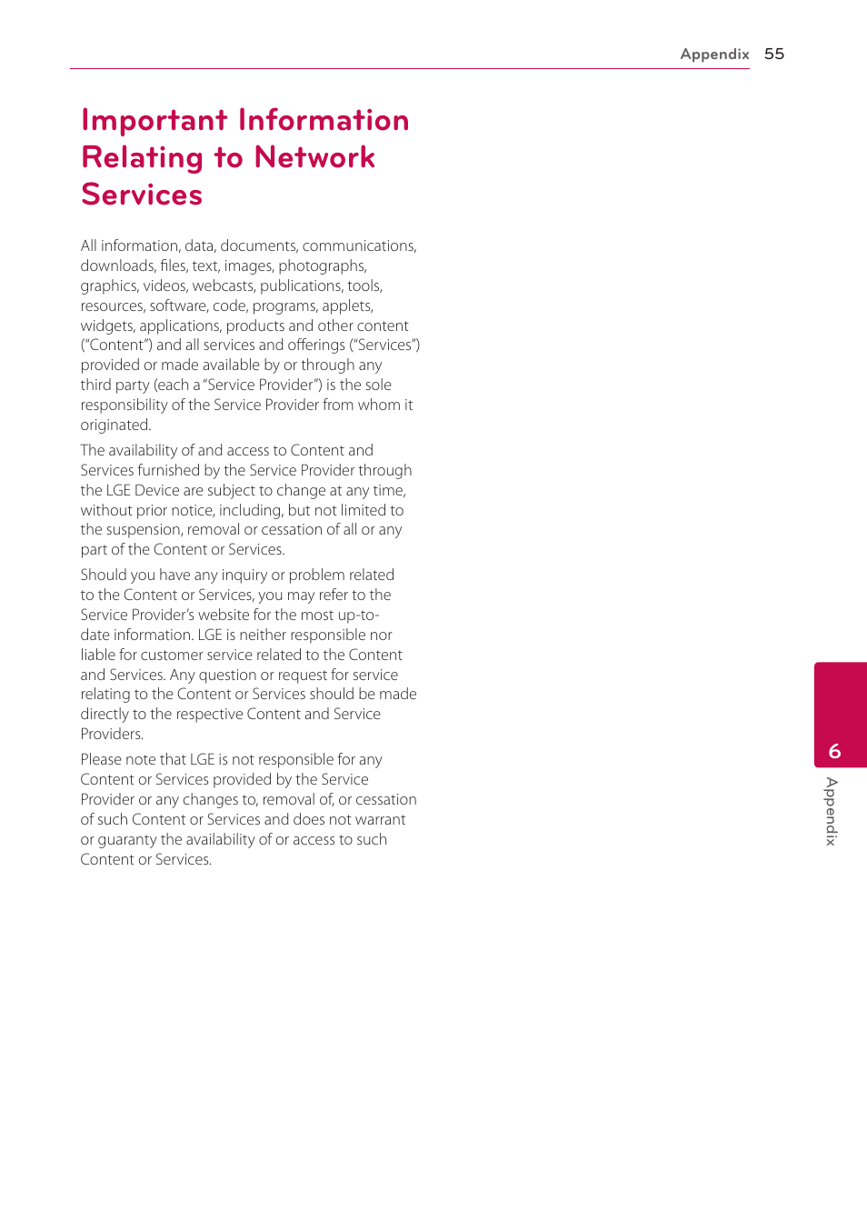 Important information relating to network services, 55 important information relating to, Network services | LG BP300 User Manual | Page 55 / 56