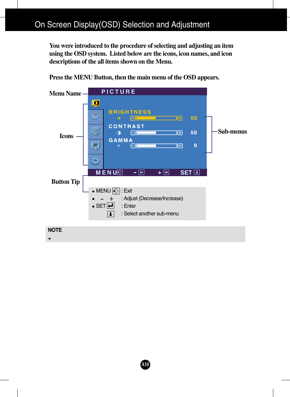 On screen display(osd) selection and adjustment | LG L1960TR-BF User Manual | Page 11 / 22