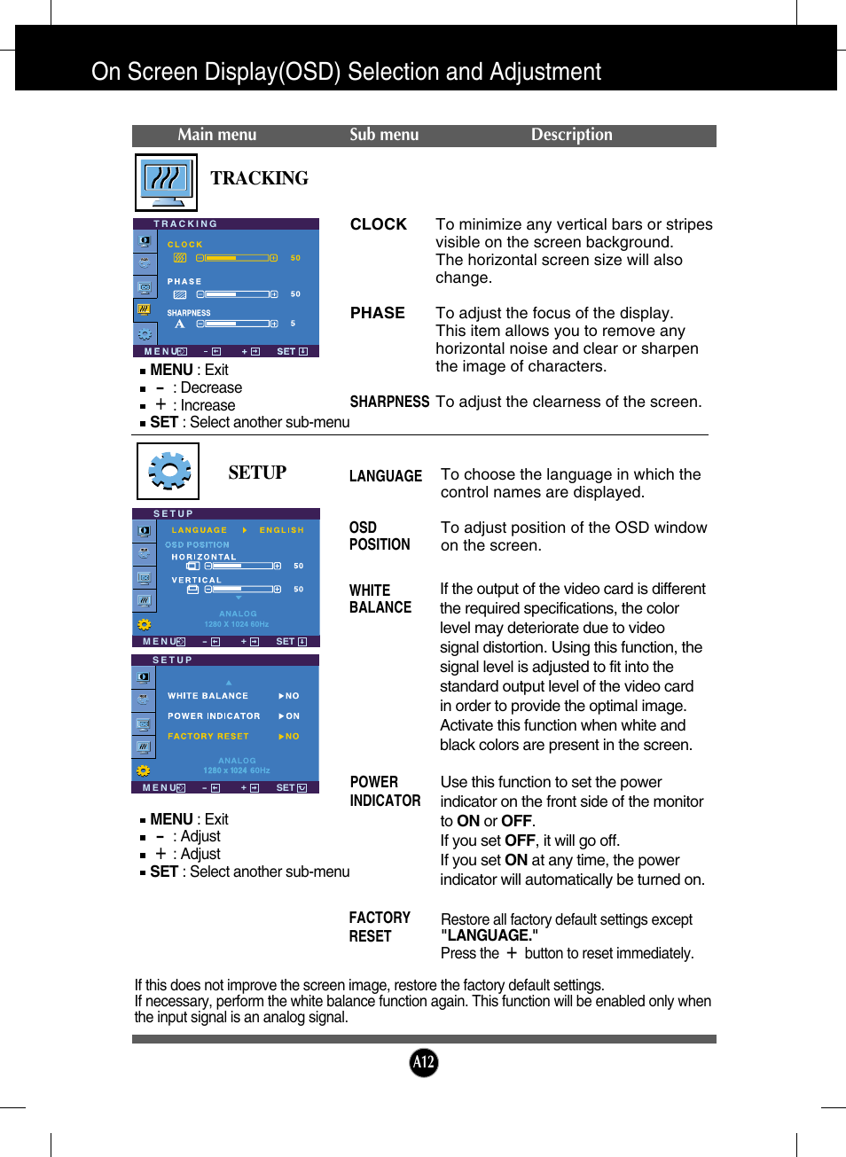 Tracking, Setup, On screen display(osd) selection and adjustment | LG L1960TR-BF User Manual | Page 13 / 22