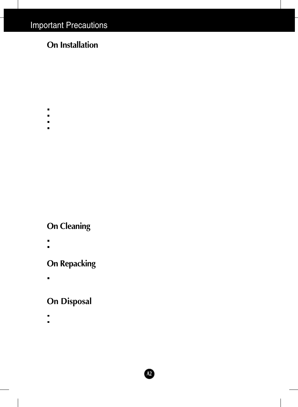 On installation, On cleaning, On repacking | On disposal, Important precautions on installation | LG L1960TR-BF User Manual | Page 3 / 22