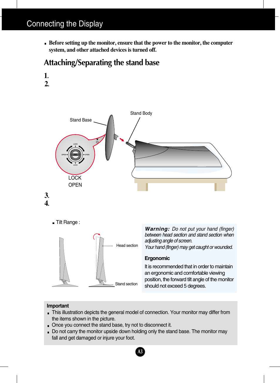 Connecting the display, Attaching/separating the stand base | LG L1960TR-BF User Manual | Page 4 / 22