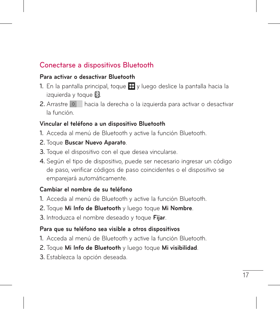 Conectarse a dispositivos bluetooth, Conectarse a dispositivos, Bluetooth | LG LG306G User Manual | Page 105 / 186