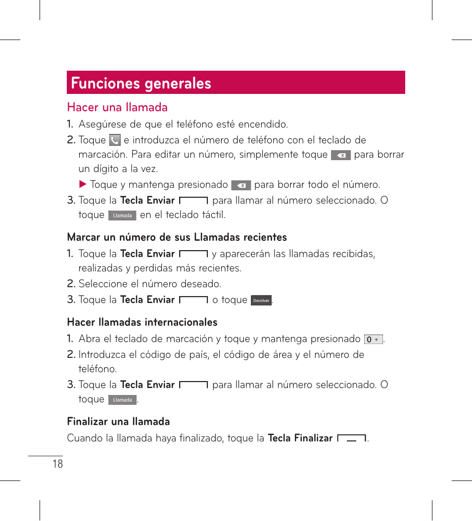 Funciones generales, Hacer una llamada | LG LG306G User Manual | Page 106 / 186