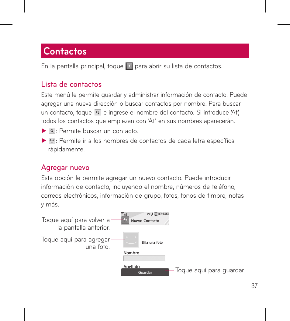 Contactos, Lista de contactos, Agregar nuevo | Lista de contactos agregar nuevo | LG LG306G User Manual | Page 125 / 186