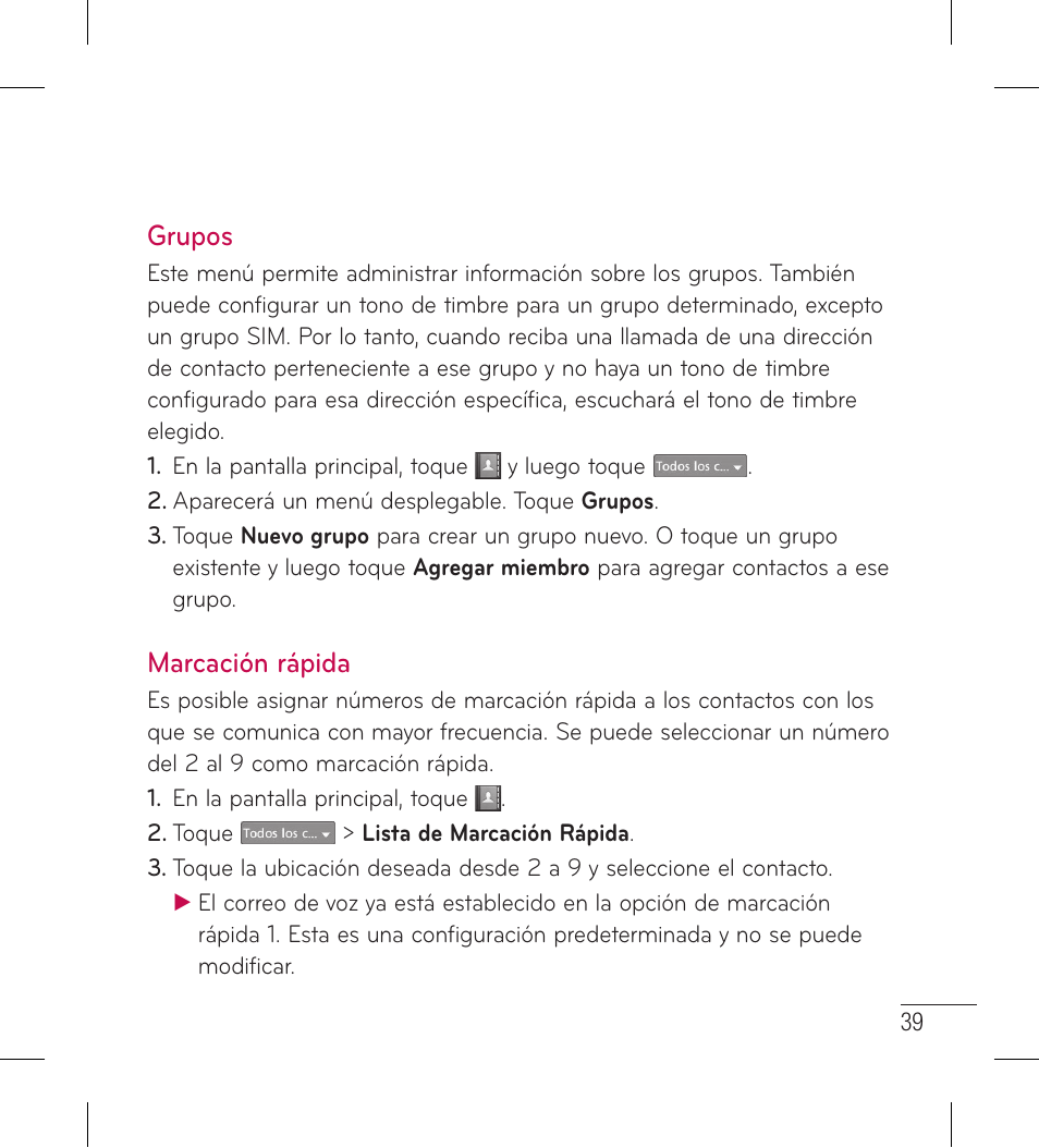 Grupos, Marcación rápida, Grupos marcación rápida | LG LG306G User Manual | Page 127 / 186