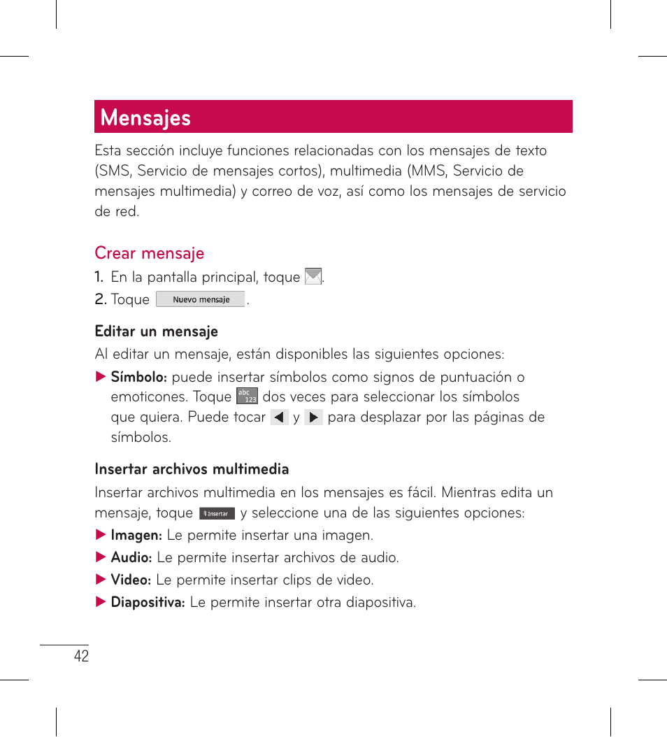 Mensajes, Crear mensaje | LG LG306G User Manual | Page 130 / 186