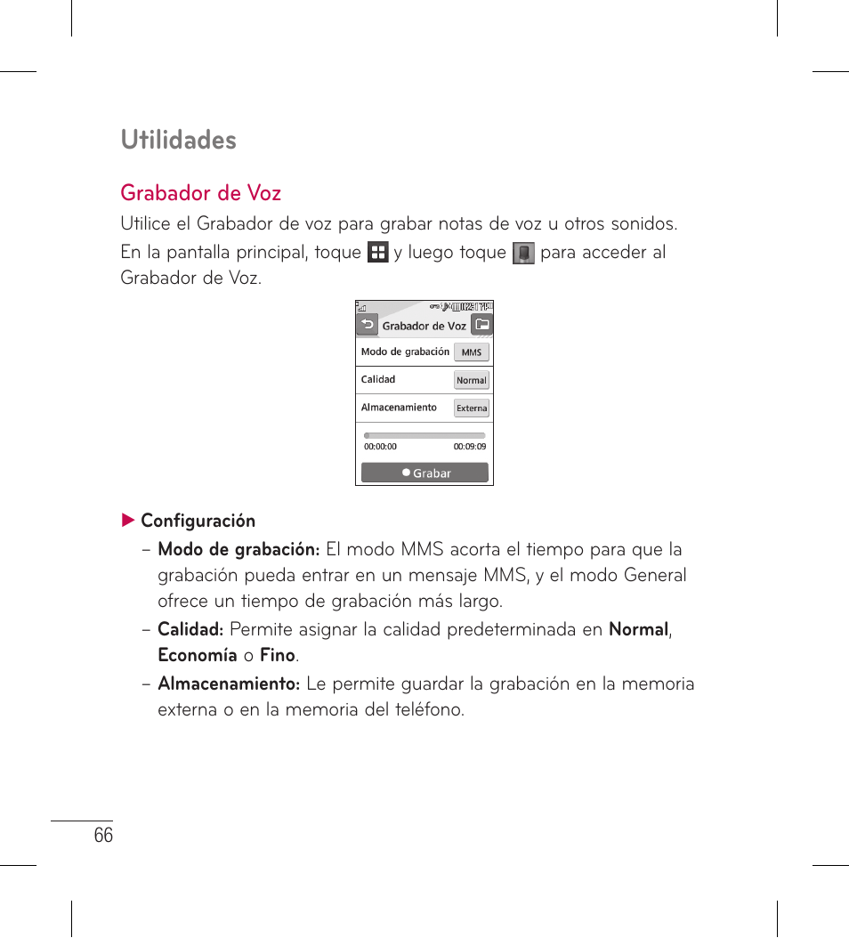 Grabadora de voz, Abador de voz, Utilidades | LG LG306G User Manual | Page 154 / 186