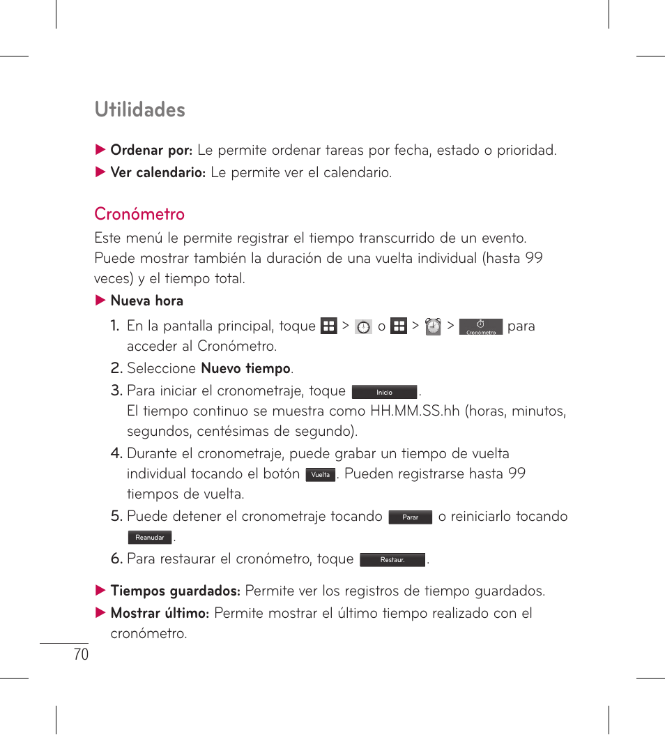 Cronómetro, Utilidades | LG LG306G User Manual | Page 158 / 186