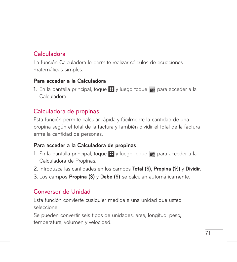 Calculadora, Calculadora de propinas, Conversor de unidad | LG LG306G User Manual | Page 159 / 186