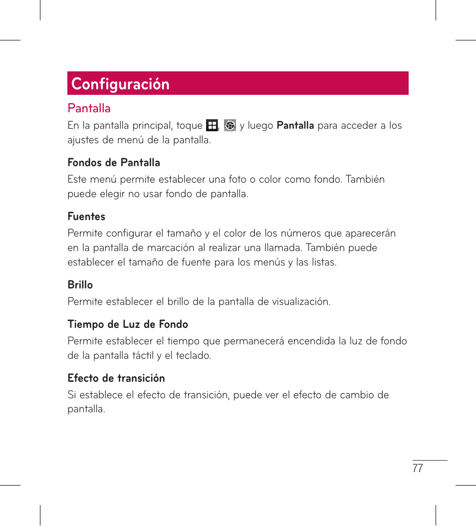 Configuración, Pantalla | LG LG306G User Manual | Page 165 / 186