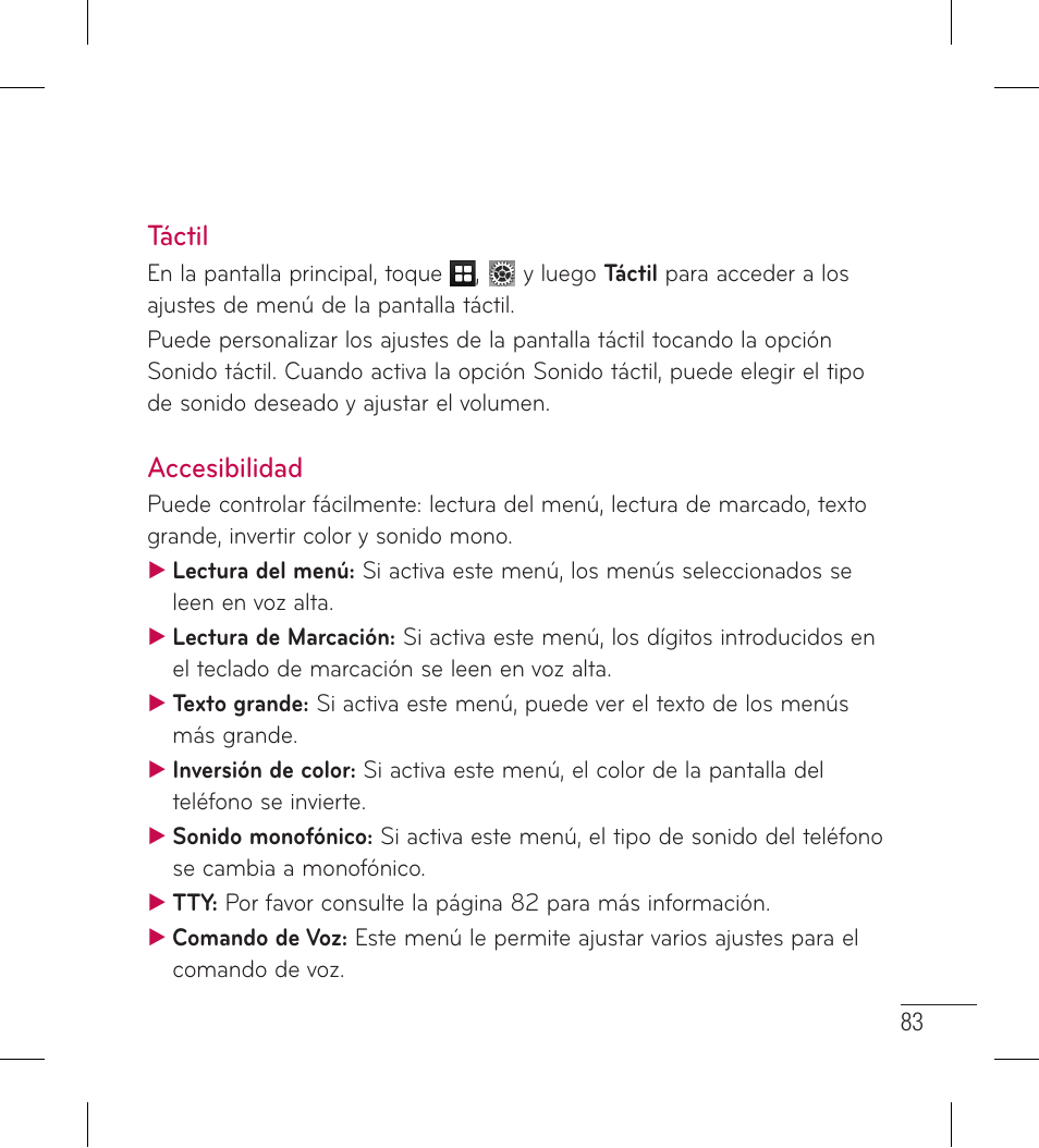 Táctil, Accesibilidad, Táctil accesibilidad | LG LG306G User Manual | Page 171 / 186