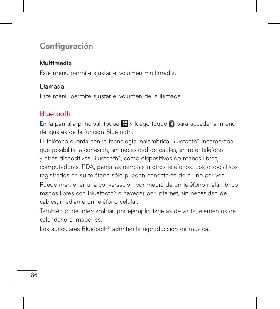 Bluetooth, Configuración | LG LG306G User Manual | Page 174 / 186