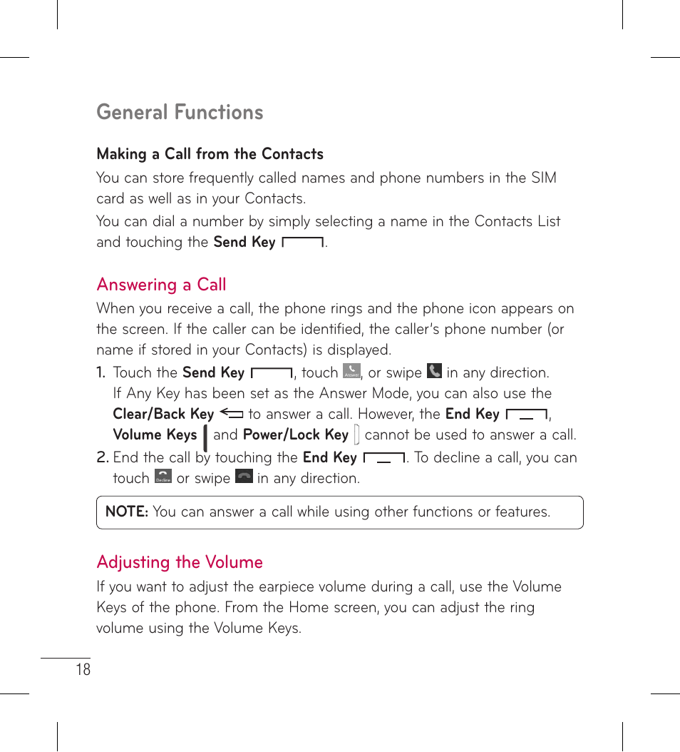 Answering a call, Adjusting the volume, Answering a call adjusting the volume | General functions | LG LG306G User Manual | Page 20 / 186