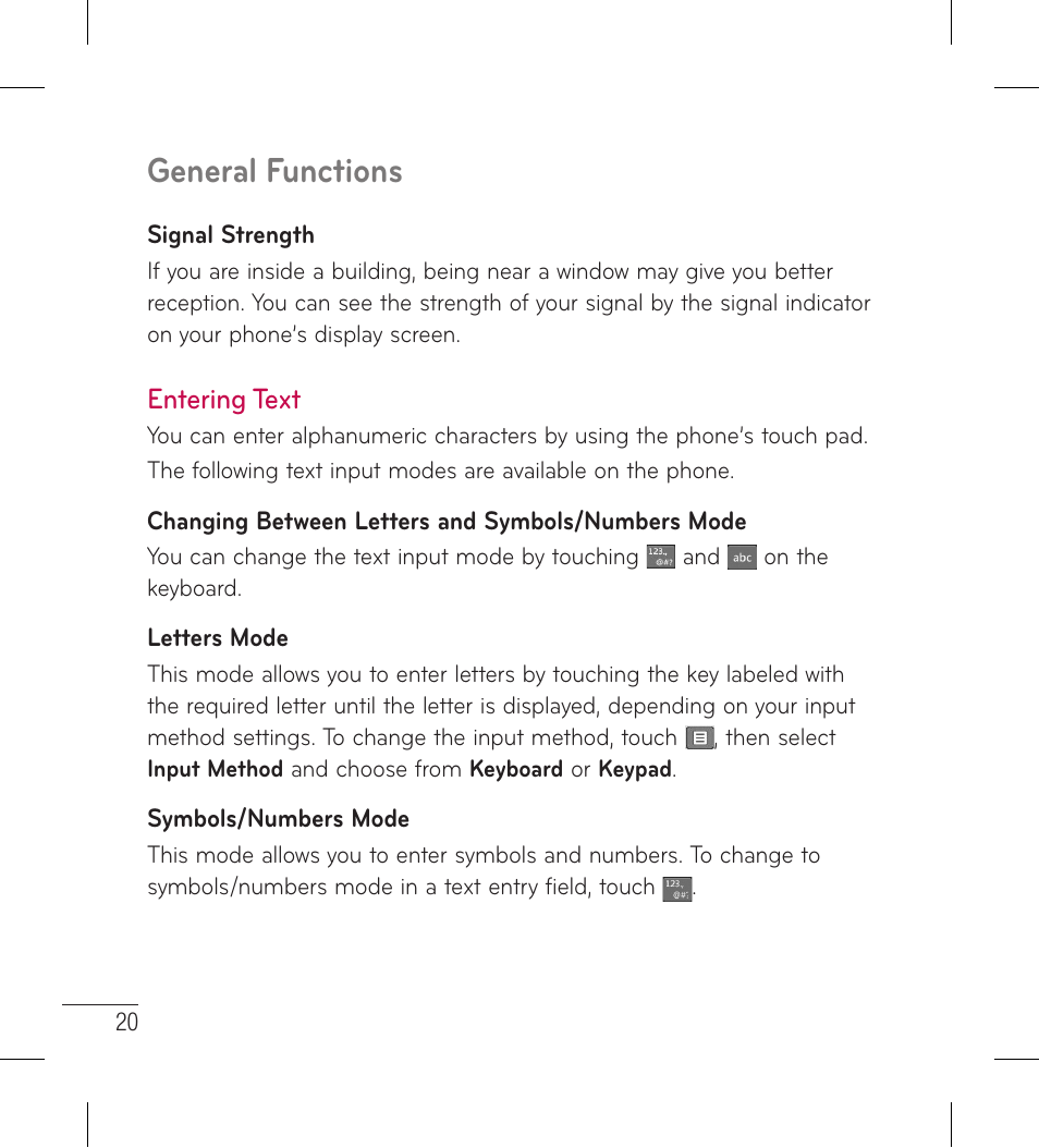 Entering text, General functions | LG LG306G User Manual | Page 22 / 186