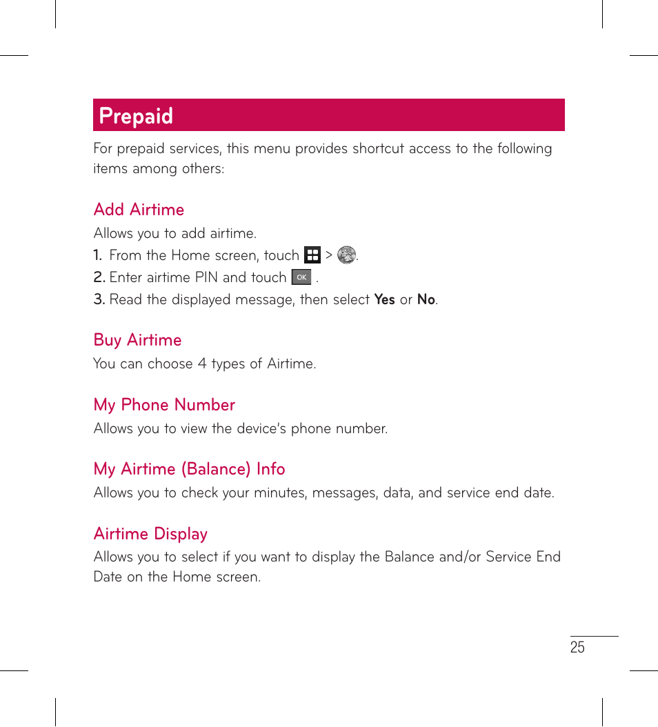 Prepaid, Add airtime, Buy airtime | My phone number, My airtime info, Airtime display | LG LG306G User Manual | Page 27 / 186