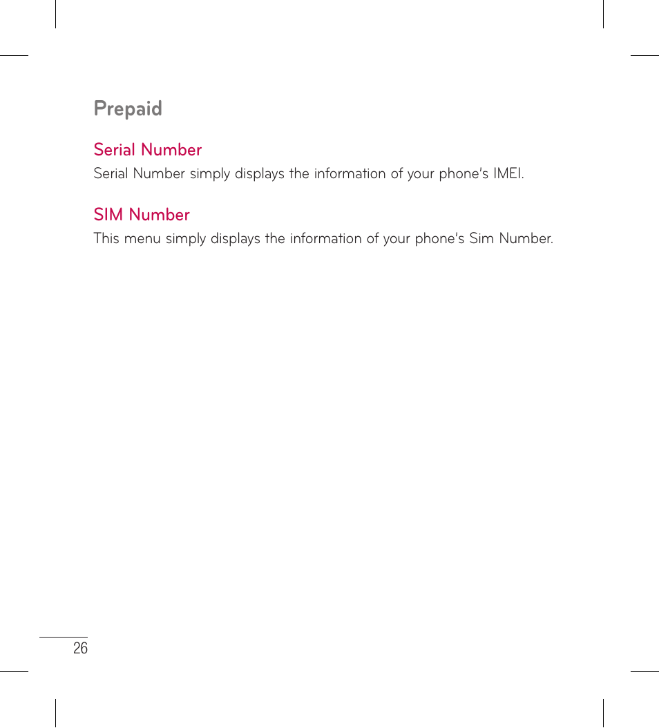 Serial number, Sim number, Serial number sim number | Prepaid | LG LG306G User Manual | Page 28 / 186