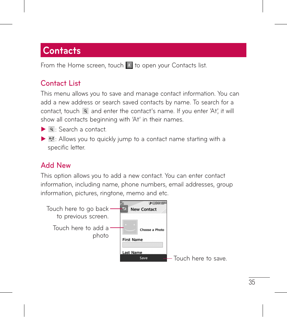 Contacts, Contact list, Add new | Contact list add new | LG LG306G User Manual | Page 37 / 186