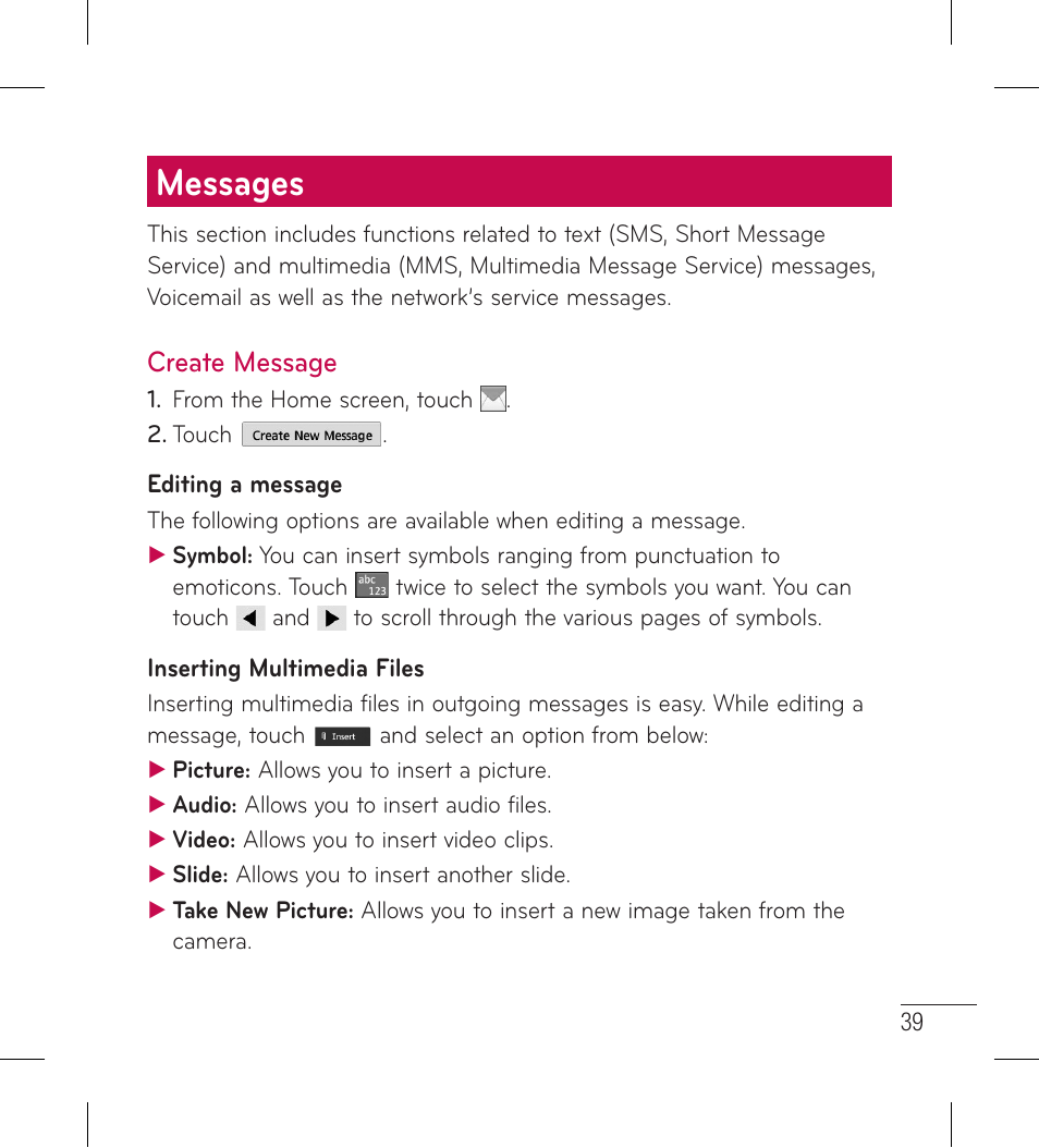 Messages, Create message | LG LG306G User Manual | Page 41 / 186