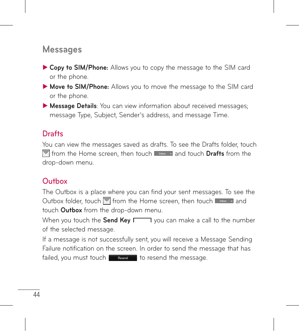 Drafts, Outbox, Drafts outbox | Messages | LG LG306G User Manual | Page 46 / 186
