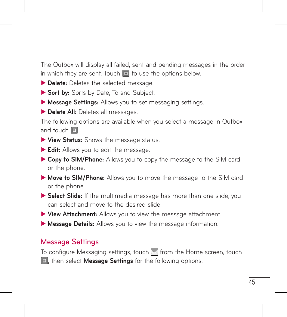 Message settings | LG LG306G User Manual | Page 47 / 186