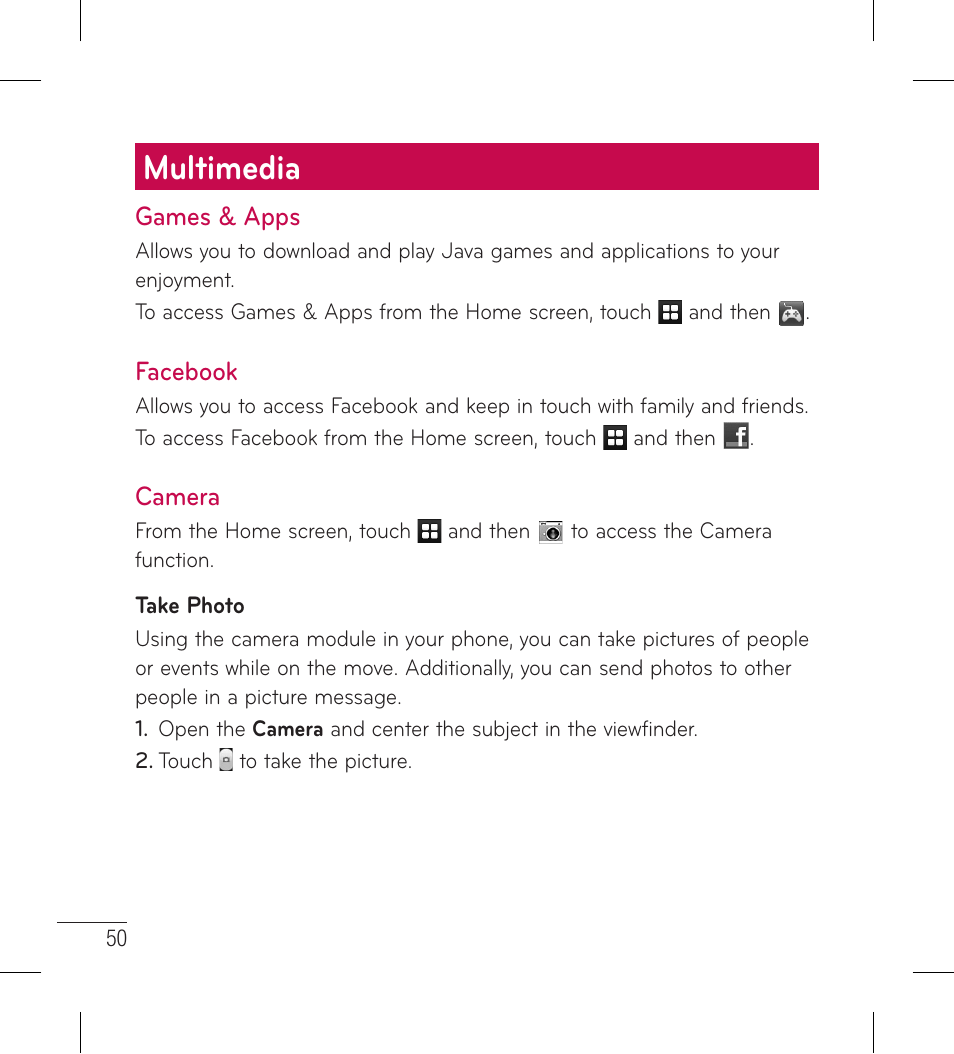Multimedia, Games & apps, Facebook | Camera, Games & apps facebook camera | LG LG306G User Manual | Page 52 / 186