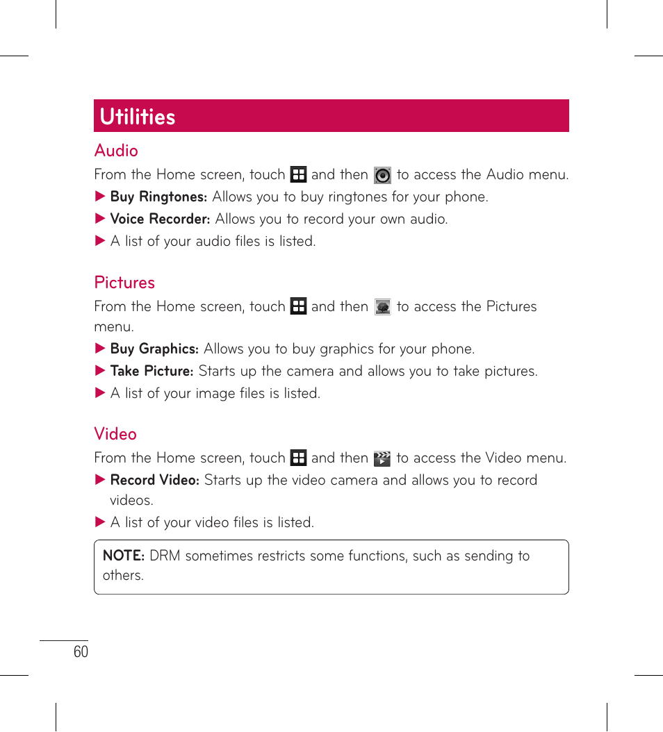 Utilities, Audio, Pictures | Video, Audio pictures video | LG LG306G User Manual | Page 62 / 186