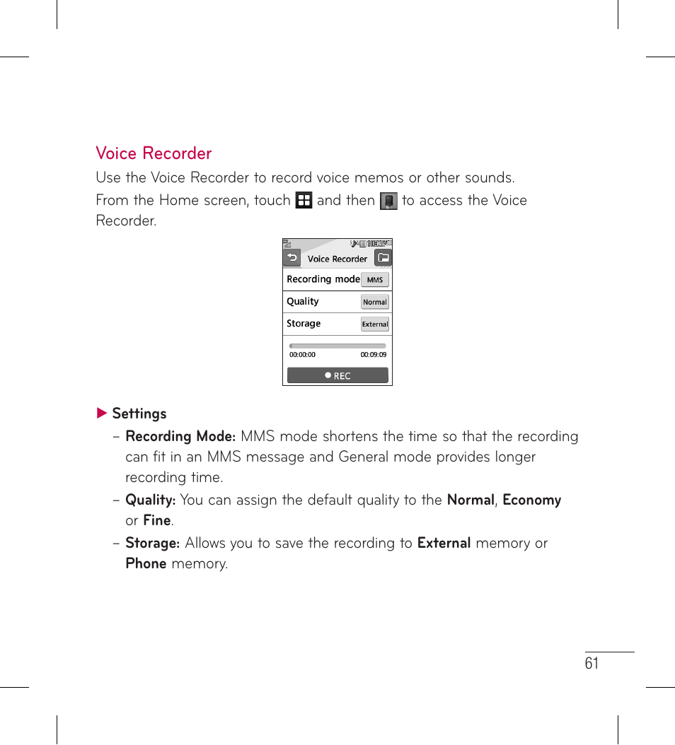 Voice recorder | LG LG306G User Manual | Page 63 / 186