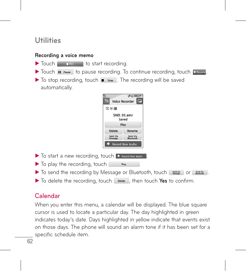 Calendar, Utilities | LG LG306G User Manual | Page 64 / 186