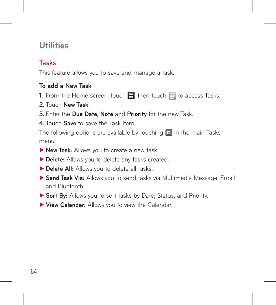 Tasks, Utilities | LG LG306G User Manual | Page 66 / 186