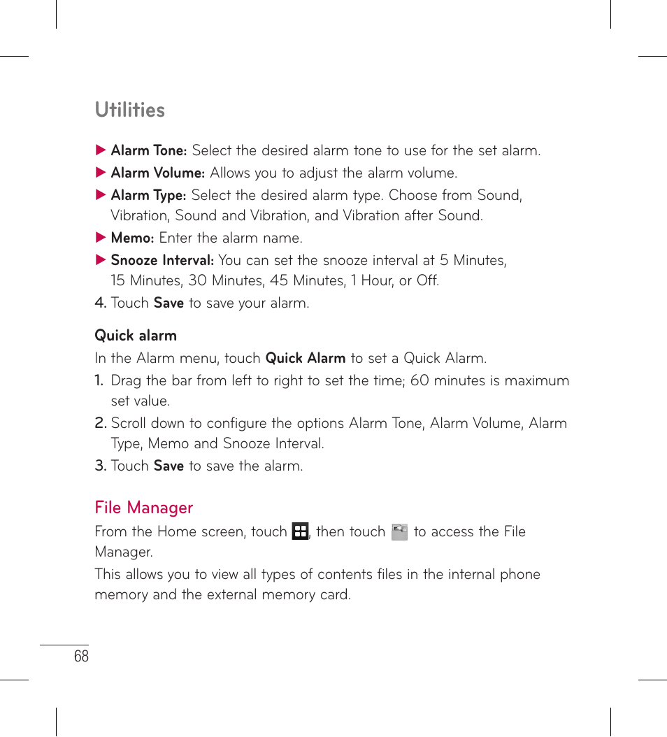 File manager, Utilities | LG LG306G User Manual | Page 70 / 186