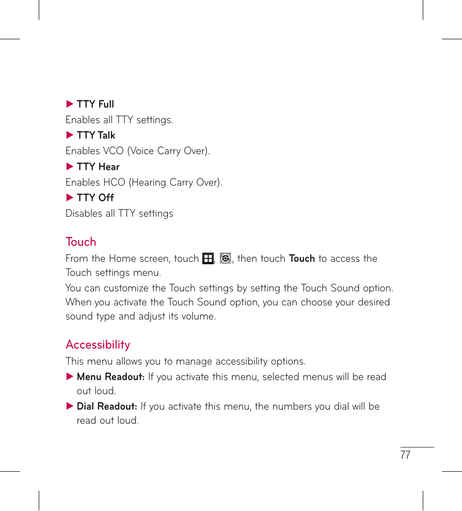 Touch, Accessibility, Touch accessibility | LG LG306G User Manual | Page 79 / 186